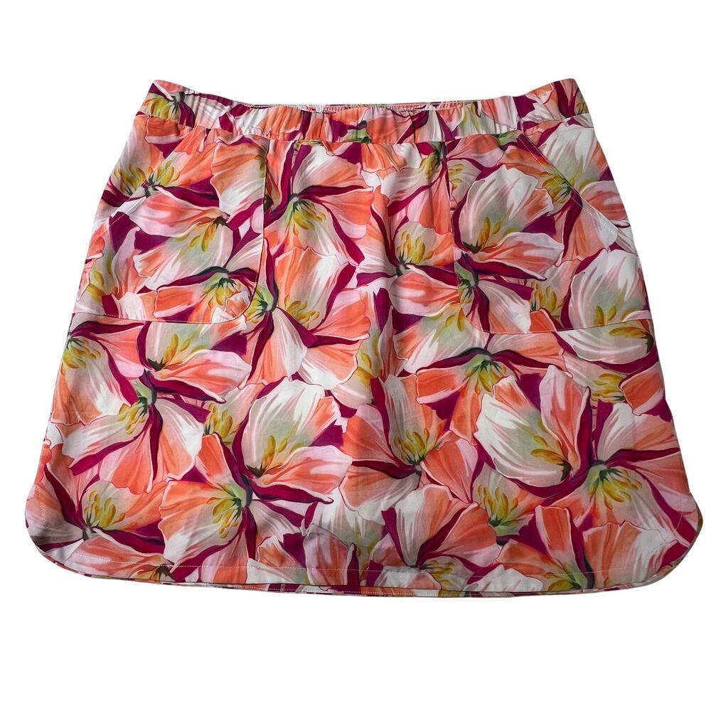 CHICO'S Skort Women's 2 US 12 Pink Orange Floral Pull On Stretch Pockets Skirt